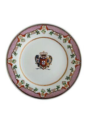 Heraldic Porcelain Plate Napoleonic Portuguese Coat of Arms Pink Lattice Border